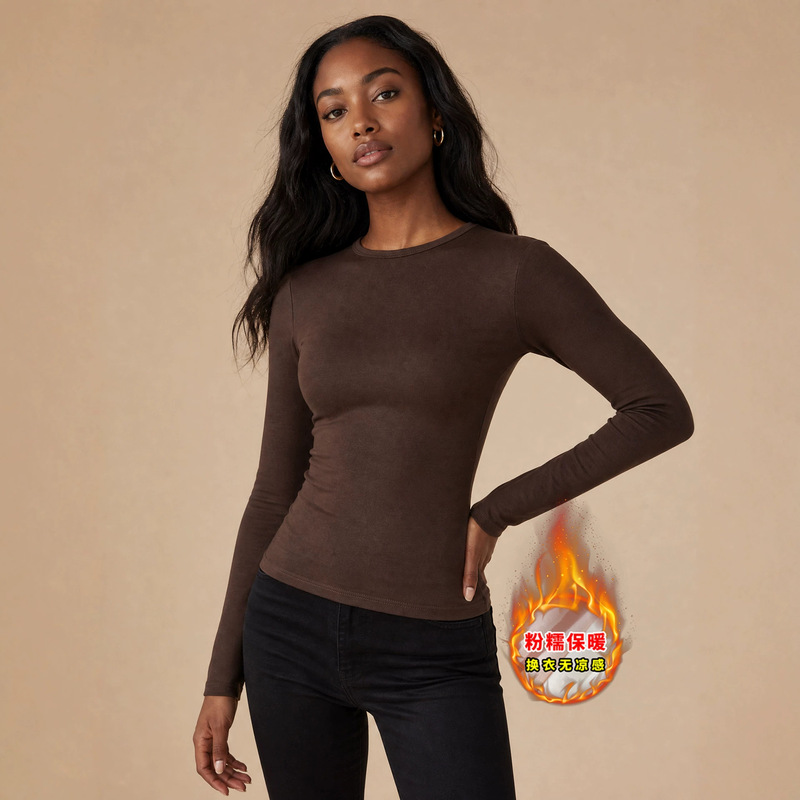 European and American pink cross-border comfortable velvet foreign trade simple basic versatile round-neck slim-fit waist-cinching short-length base long-sleeve T-shirt European and American pink cross-border comfortable velvet foreign trade simple basic versatile round-neck slim-fit waist-cinching short-length base long-sleeve T-shirt