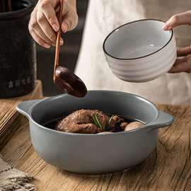 简约复古双耳碗 创意日式陶瓷防烫大菜碗带耳朵汤碗水果盆微瑕