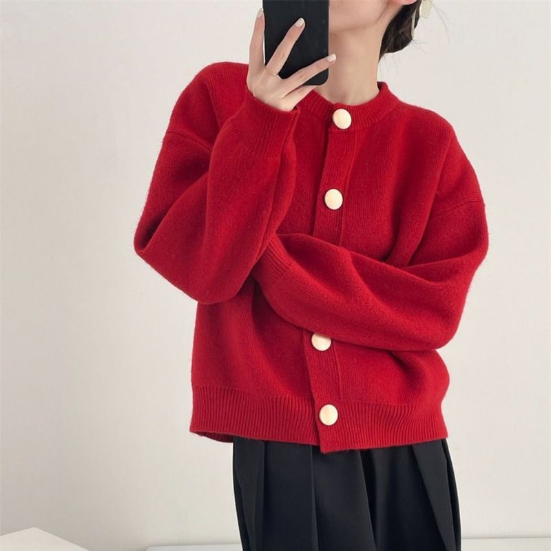 毛衣女圆领2025秋冬季新款韩版设计感单排扣纯色休闲针织开衫外套|undefined
