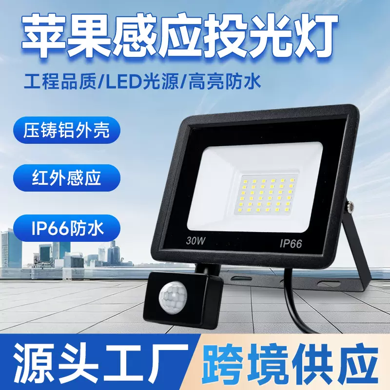 led投光灯户外防水庭院红外人体感应投光灯100W小苹果感应投光灯