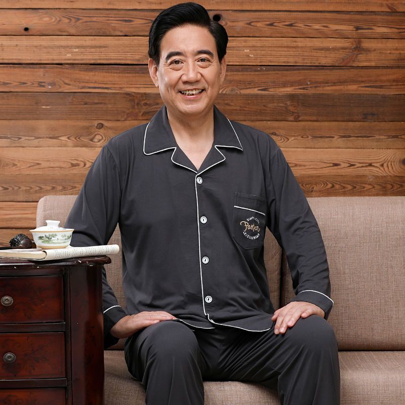 Pijamas de mediana edad y ancianos hombres 100% algodón primavera y otoño manga larga otoño e invierno más tamaño viejo papá traje de uso doméstico