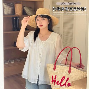 Zi Yuan 2025 Summer New Fashion Plus Size Women's Clothing 100kg V-Neck Tie Lace Shirt 8799