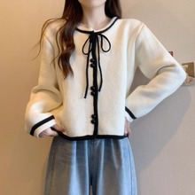 撞色蝴蝶结系带针织开衫女装毛衣秋季新品薄外套百搭长袖上衣外衣