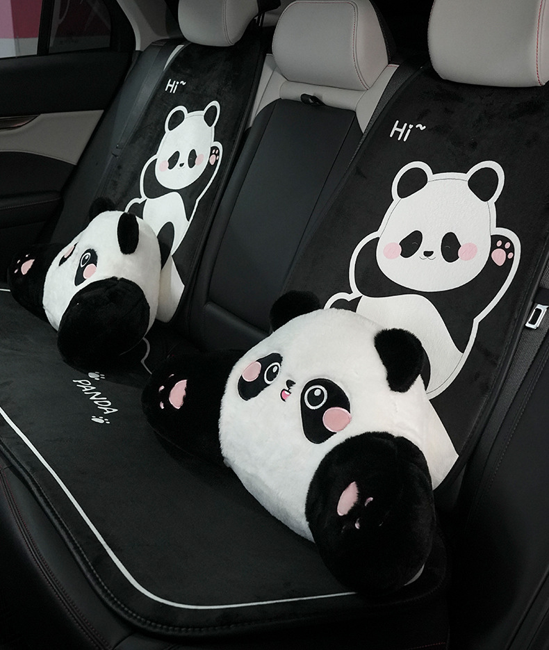Panda car headrest imitation rabbit fur embroidered cartoon car comfortable neck pillow back cushion winter car waist cushion