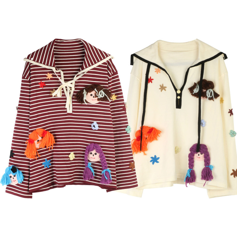 Sweet Preppy Style Long-Sleeved Knitwear Navy Style Stripesd Loose Pullover Autumn and Winter New Bottoming Knitwear for Women