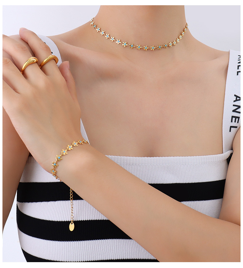 INS European and American Personalized Gold Blue with Flowers Drop Oil Necklace Titanium Steel Plate