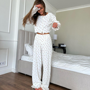 Autumn 2024 Casual Cardigan Knitted Long Sleeve Trousers Pajamas Women's Flower Printed Simple Home Clothes Wholesale