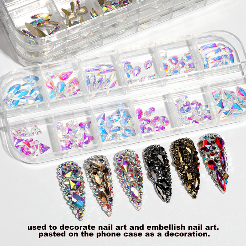 Joyería de uñas 12 rejilla mixta K9 plana en forma especial Temperatura de diamante Elf color mágico especial en forma de diamantes de imitación joyería de uñas al por mayor