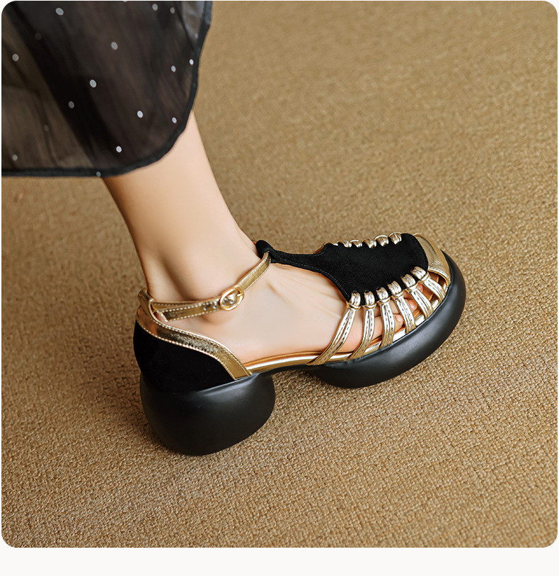 Sandal nữ quai ngang dệt mảnh da lộn, gót vuông ổn định, đế dày ghép màu — Màu đen chi tiết 14