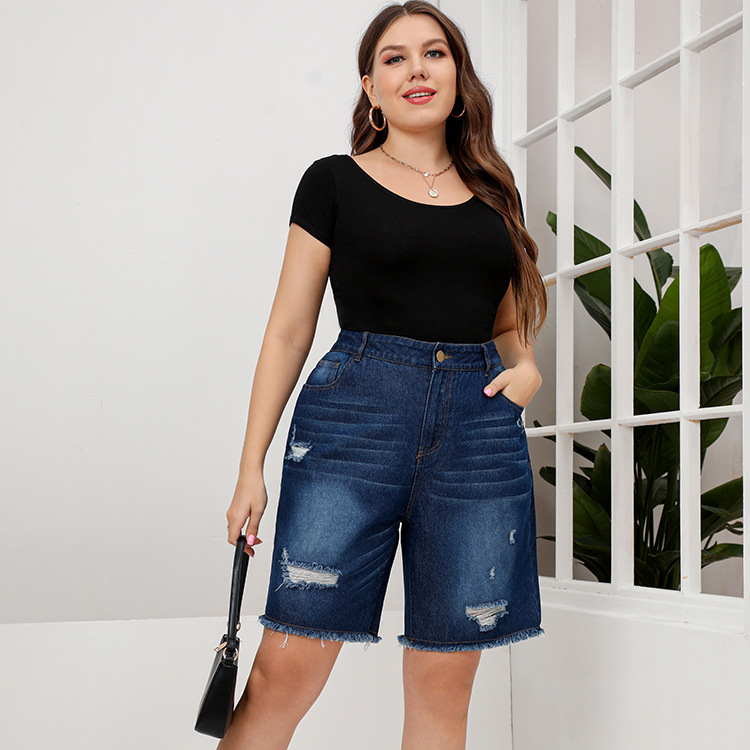 2022 European And American  Spring And Summer Dark Straight Denim Shorts Washed Through Holes Medium Waist Large Women's Jeans