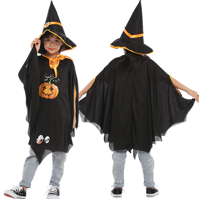 ハロウィン子供のマントの新型の女性の魔女の役はカボチャの服の帽子のマントのスーツを演じます。|undefined