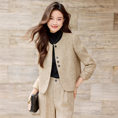 2025新款卡其色小香风西装套装女春秋气质名媛小个子短款西服外套
