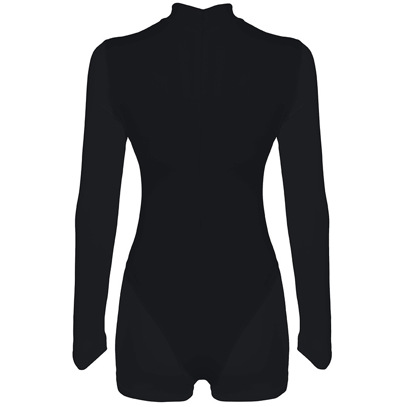 Street Sexy Casual Mesh Stitching One Piece Short Half Turtleneck Sexy Tight Long Sleeve Narrow Jumpsuit Women