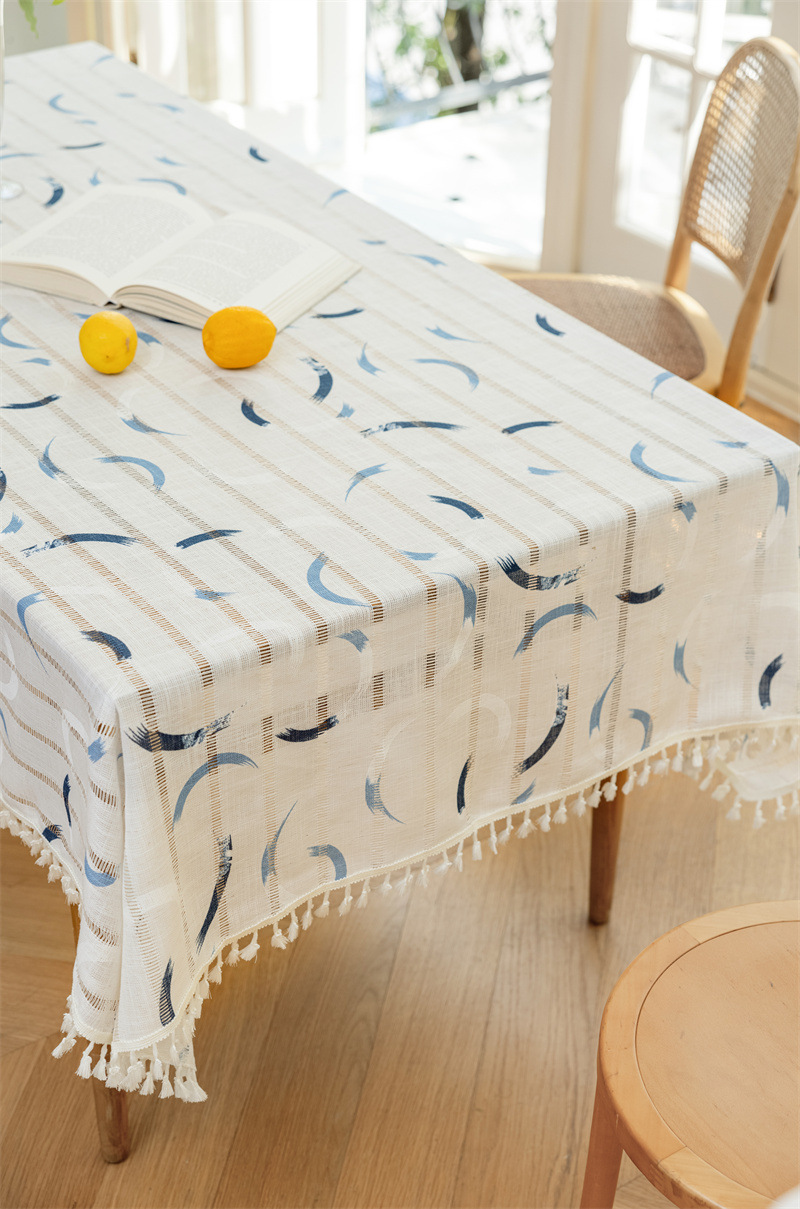 INS Rechteckige Tischdecke aus Vollpolyester, Jacquard-Druck, hohl, geometrisch gestreift, mit Quasten, für Couchtisch und Esstisch_voghion.com