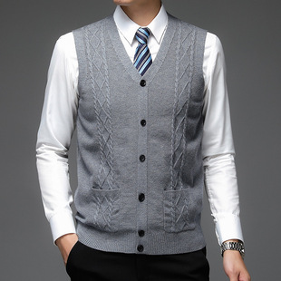 V-neck single-breasted wool solid color casual fit in stock non-hooded gray sweater cardigan wool vest for men