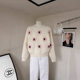 CL秋冬新款设计感撞色雏菊提花圆领针织衫时尚百搭小众毛衣