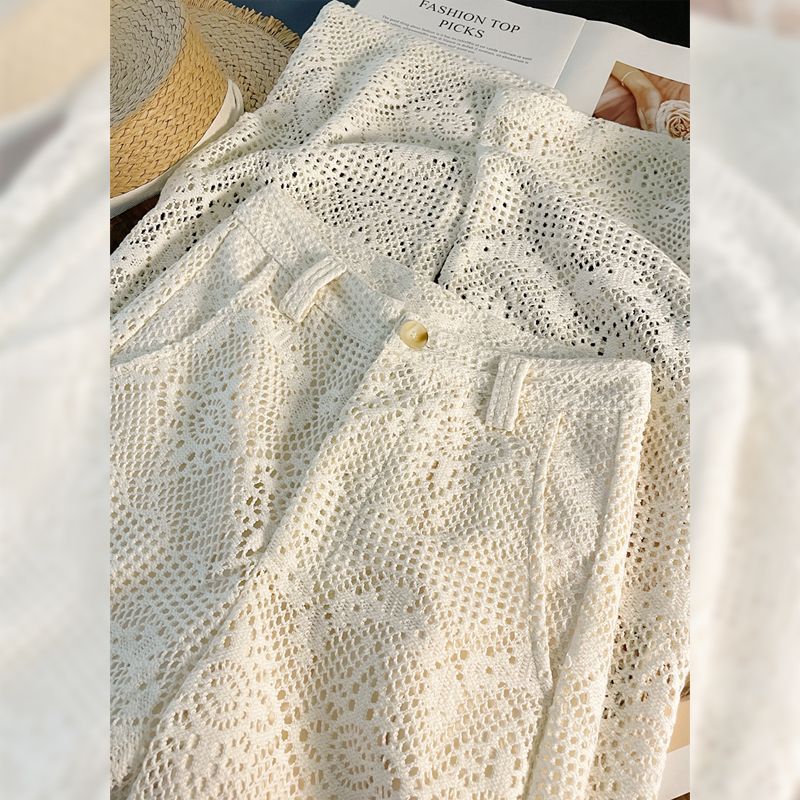 Women's Stylish Chic Hollowed Out Lace Casual Pants Straight Wide Leg Trousers Versatile Design New Summer Style_ecoleips.com