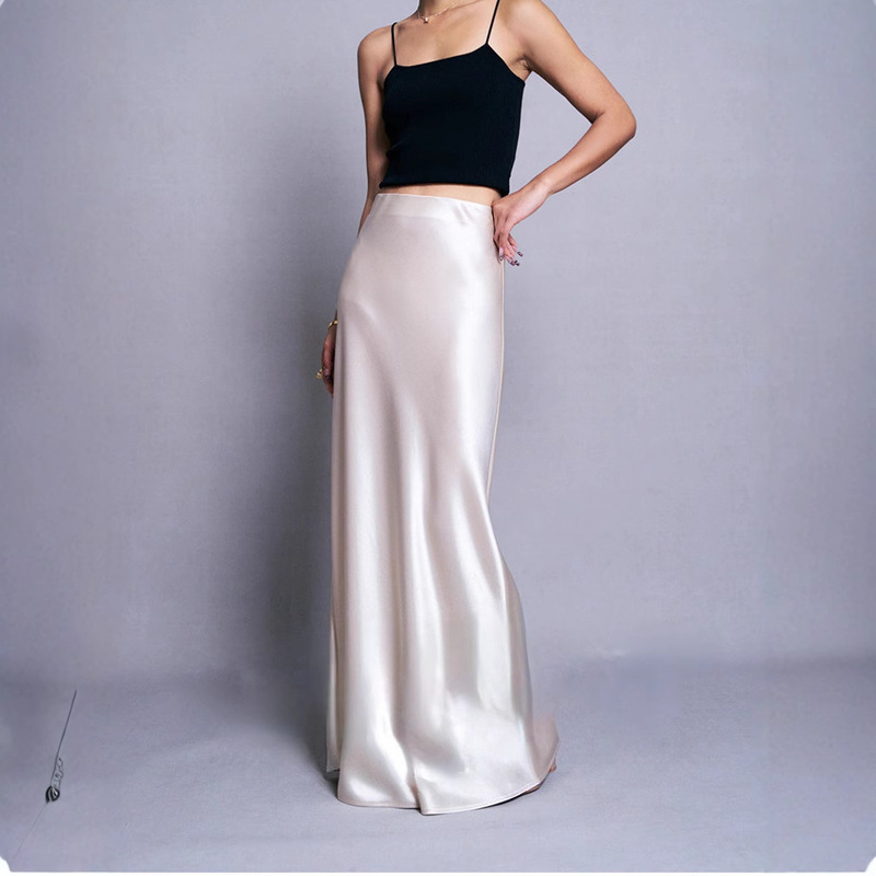 Luxurious and Grand! Acetate Satin Skirt for Women, Extra-Long Acetate Floor-Length Skirt with Elastic Waist and a Stylish Drape.