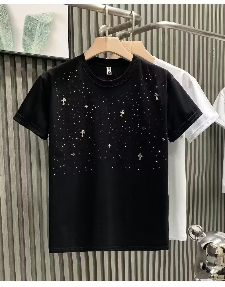Men’s Crew Neck Short Sleeve T-Shirt, 100% Cotton Rhinestone Cross Sparkle Tee, Loose Casual Bling Top For Daily Wear Streetwear Club P Herren-t-shirt_desvips.com