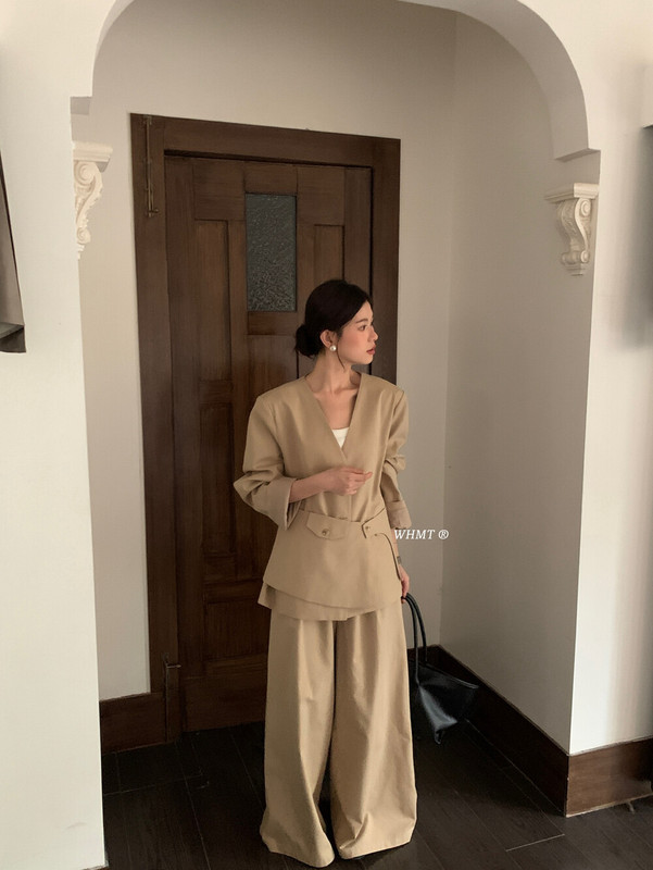 卡其色感西装套装女2025春秋新款韩系轻熟风休闲阔腿裤两件套配腰|undefined