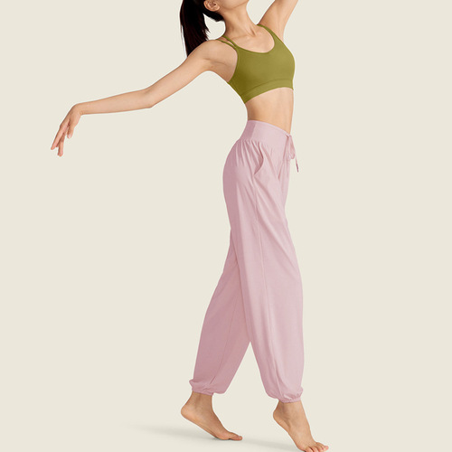 New cool-feel quick-drying sports pants with pockets for women, ankle-length, loose-fitting dance and yoga pants, casual fitness wear