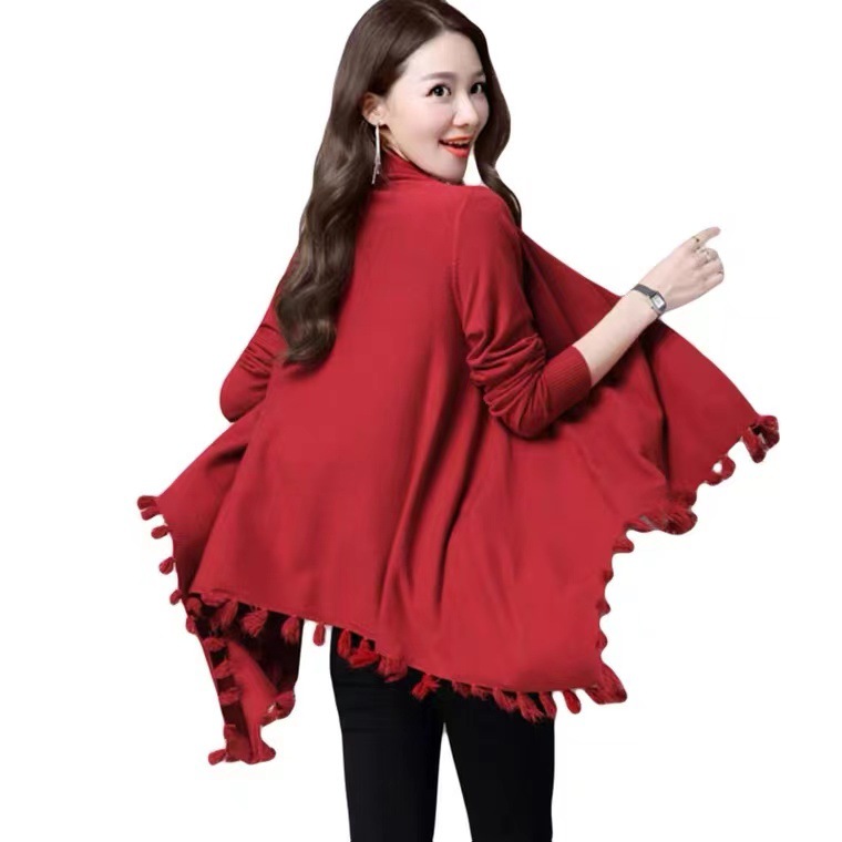 Popular europeo y americano nuevo punto cardigan mujeres de mediados de longitud de la borla Batwing camisa exterior chal capa