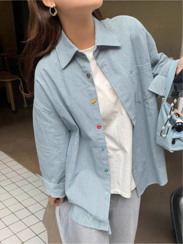韩系彩色纽扣条纹衬衫女春秋设计感洋气小众开春爆款长袖衬衣外套|undefined