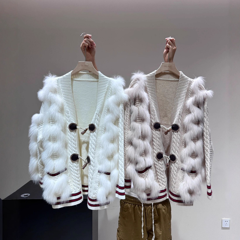 秋冬新款狐狸毛皮草针织开衫上衣外套女时尚洋气宽松慵懒毛衣学院|undefined