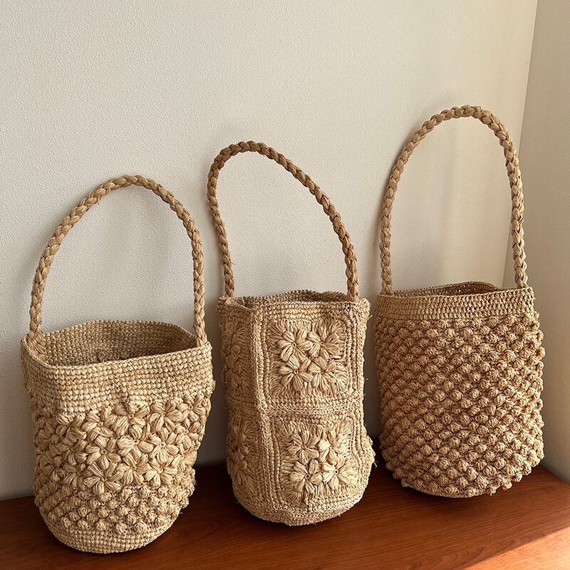 Raffia Handmade Crocheted Woven Bag for Women Summer French Literary Satchel Shoulder Bag Bucket Pineapple Straw Bag