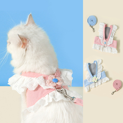 跨境猫咪牵引绳蕾丝花边花朵宠物胸背带防挣脱狗狗牵引绳宠物用品|ms