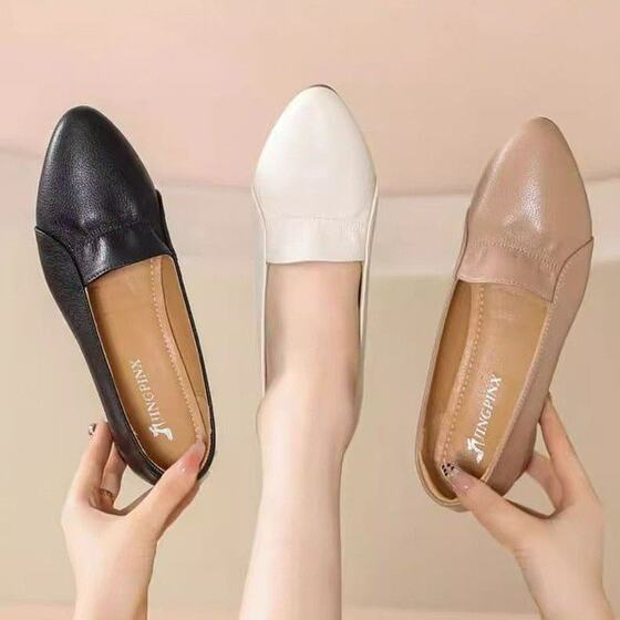 Single Shoes Pointed Toe Women's Shoes 2025 Spring and Autumn New All-match Low Heel Low Mouth Thick Heel Soft Bottom Soft Leather Mother's Single Shoes