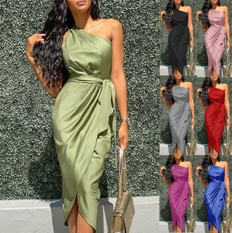 2025Wish European and American Style Amazon Women's Long Skirt New Asymmetrical Slanted Shoulder Belt Slim Satin Dress