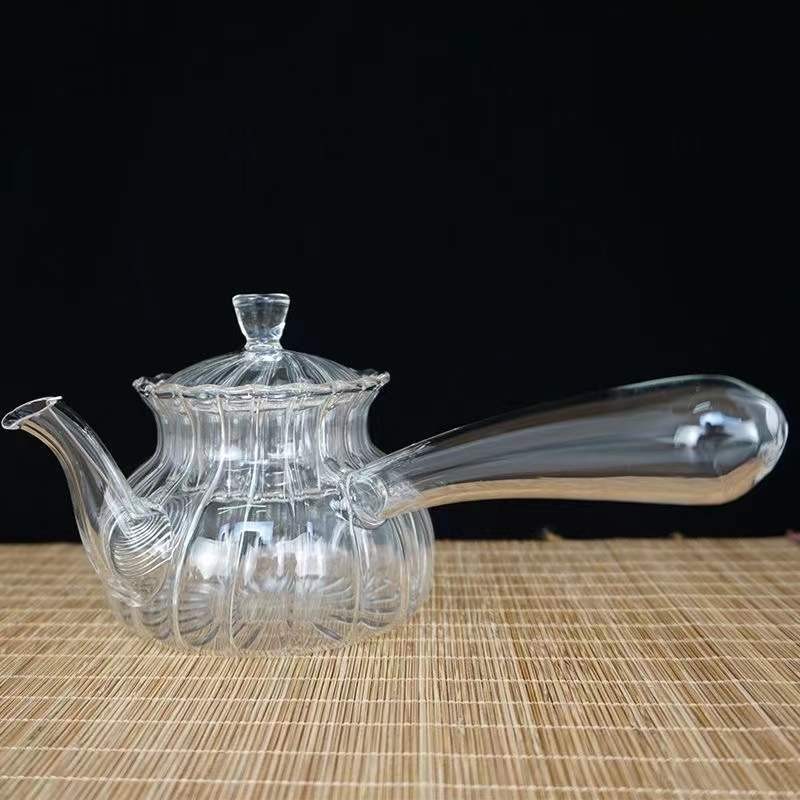 中式高硼硅玻璃壶条纹侧把玻璃花茶壶蒸煮茶壶长柄带过滤泡茶壶