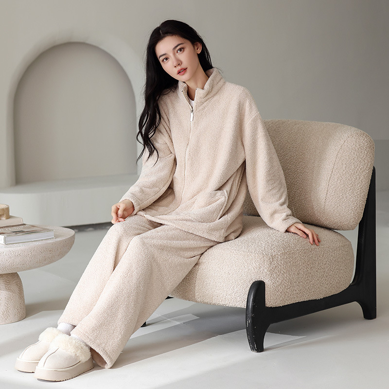 Winter New Cross-Border Popular Half-Velvet Pajamas for Women, Heated and Warm Home Clothes Set, Can Be Worn Outside Lapel Cardigan Winter New Cross-Border Popular Half-Velvet Pajamas for Women, Heated and Warm Home Clothes Set, Can Be Worn Outside Lapel Cardigan