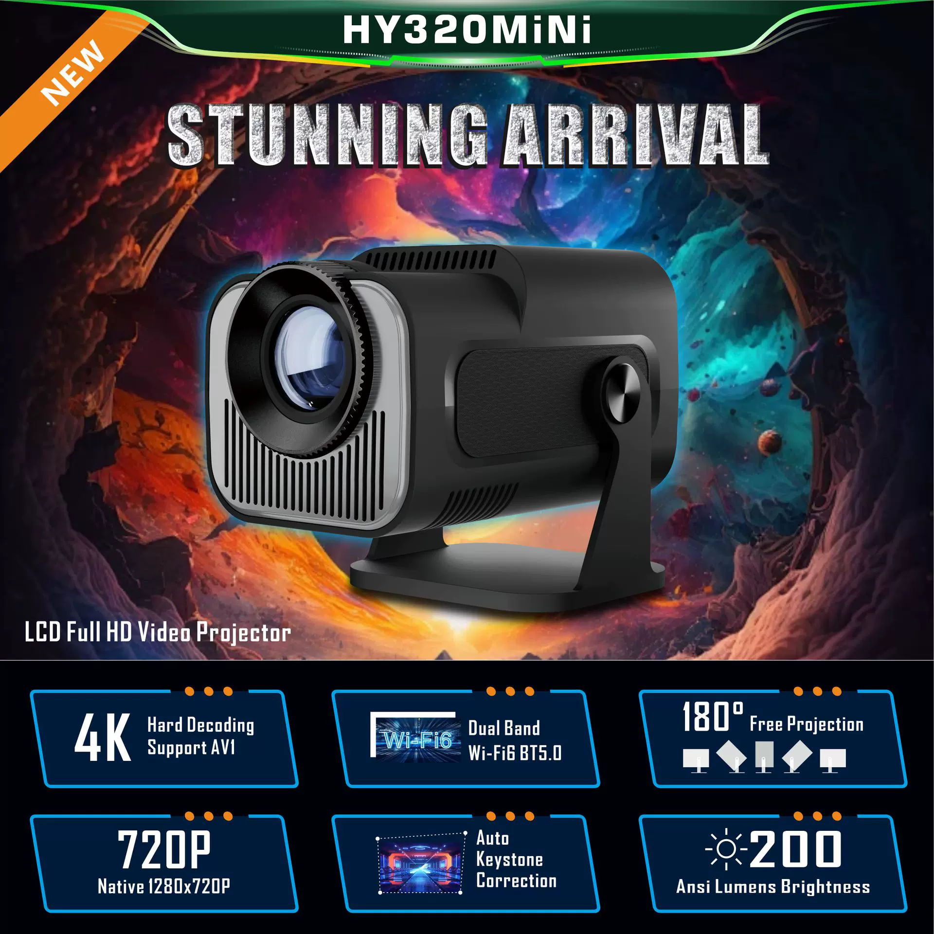 外贸新款投影仪HY320mini便携家用投影机商务办公户外可用现货