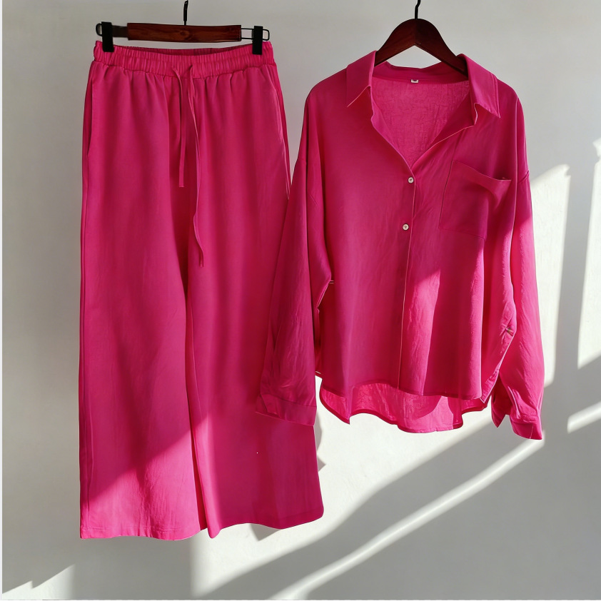 Women's Clothing Women's Retro Plus Size Cotton Linen Shirt Set High Waisted Loose Fitting Trousers Two Piece Set 20 Colors_ecoleips.com