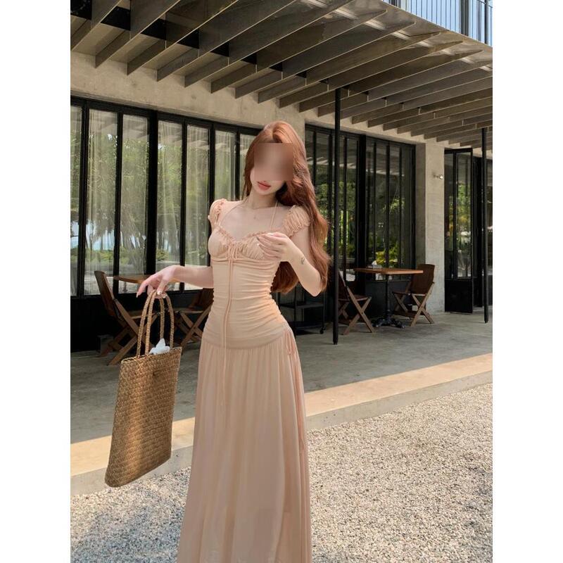 One-Shoulder Pink Halterneck Dress for Women in Summer, Beautiful Holiday Style Waist-Cinching Elegant Pure Lust Mesh Long Skirt