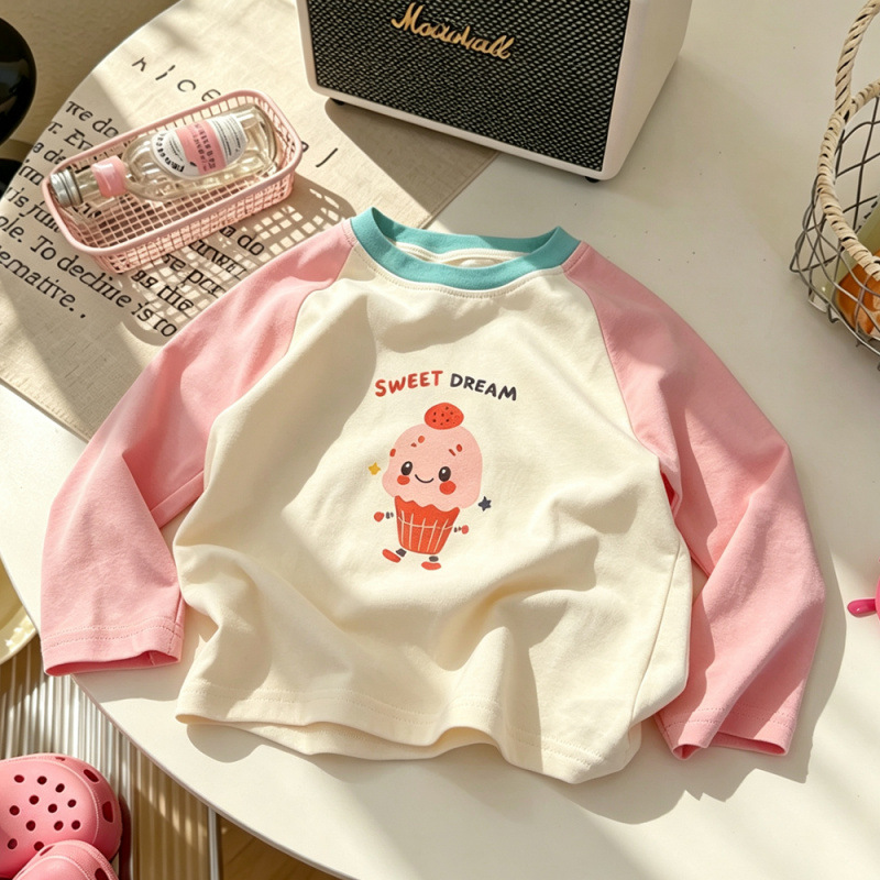 Color-blocked cartoon ice cream print children's pure cotton long-sleeved T-shirt, spring and autumn Korean style versatile round neck girls' top