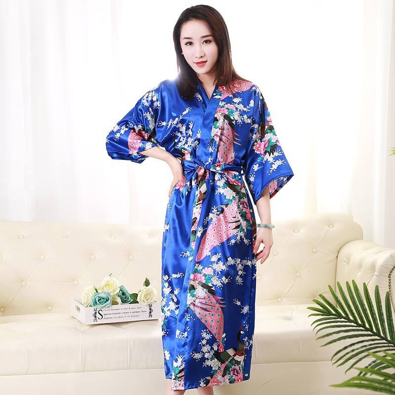 Women's Sexy Long Pajamas Summer Kimono Robe Thin Peacock Print Bathrobe Imitation Silk Kimono Nightgown Foreign Trade