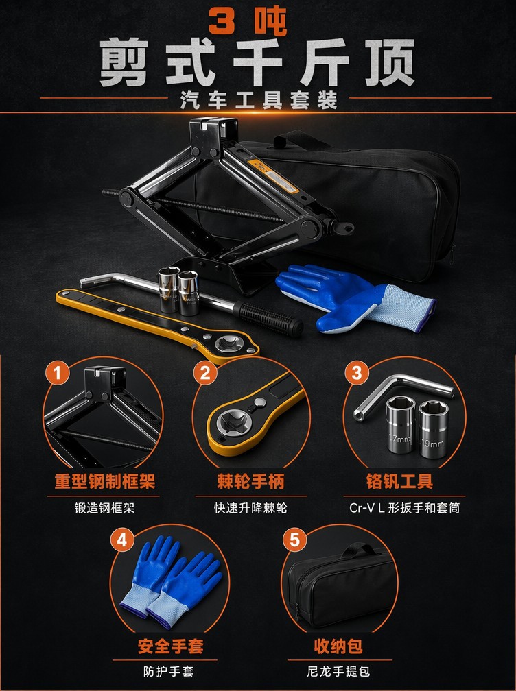New heavy-duty 3-ton car scissor jack 0kg tire changing tool set, labor-saving telescopic tire wrench 0kg