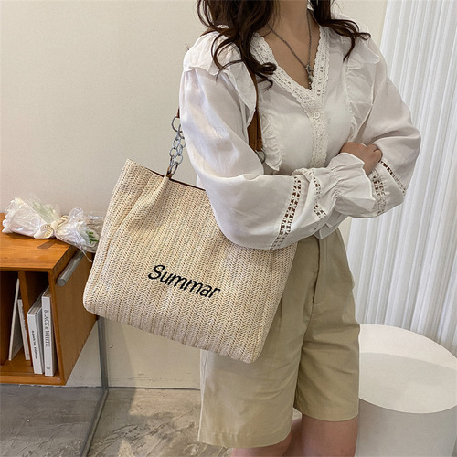 Large-capacity fashionable straw letter tote bag women's bag new trendy shoulder casual commuting attendance bag