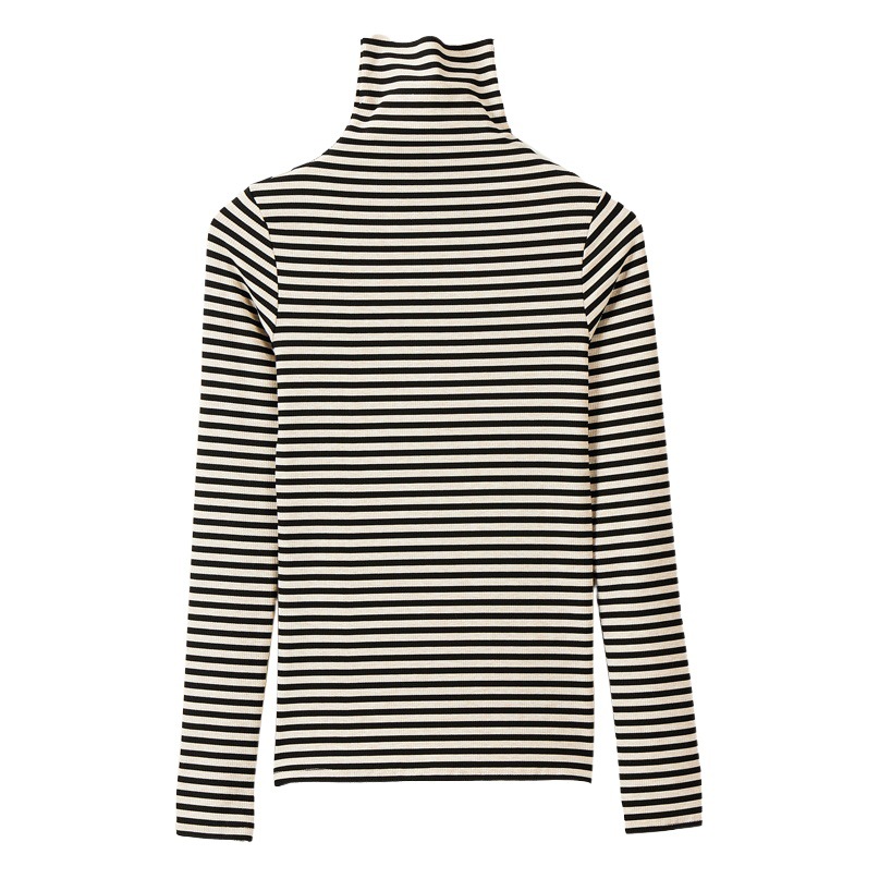 Nuevo punto de algodón engrosado hilo rayas cuello alto que basa la camisa las mujeres del otoño y el invierno slim fit interior manga larga apretado