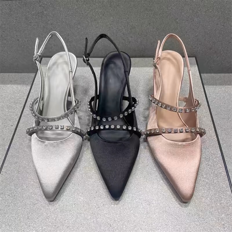 Small C K women's shoes 2024 autumn new 61720199 bright diamond with satin pointed toe high heel sandals women