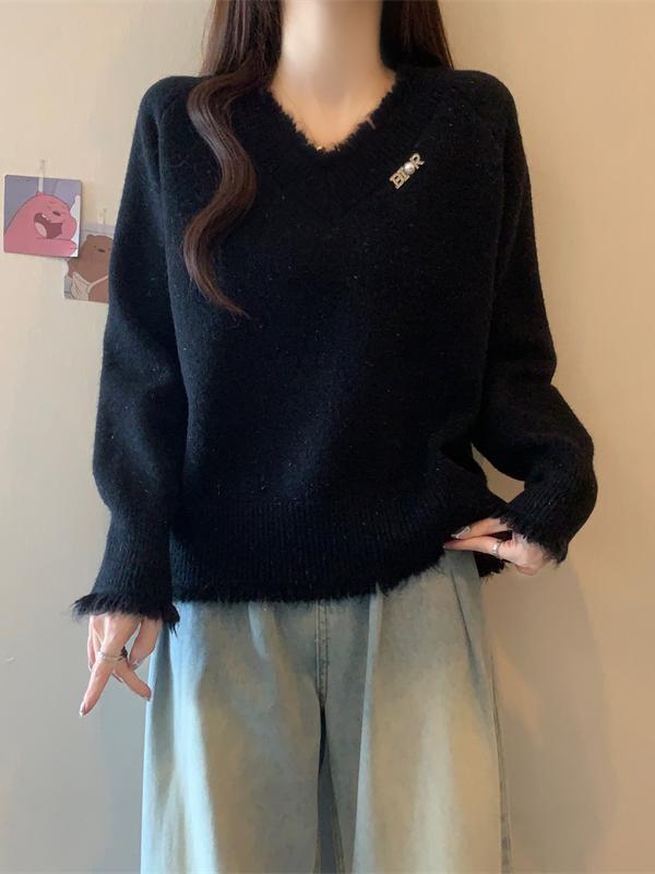 复系慵懒风韩系设计感毛衣女新款2025秋冬宽松外穿破洞针织衫|undefined