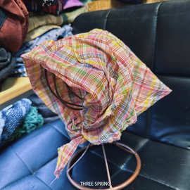 批发韩国2026年早春新款多巴胺条纹褶皱薄款包头帽遮阳防晒三角巾