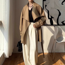 预售春秋季新款卡其色短款风衣大翻领气质优雅系带黑色外套女