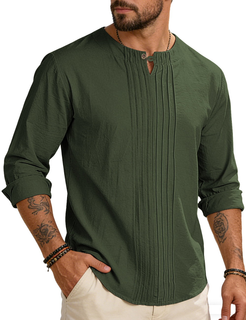 Estación independiente transfronteriza europea y americana spot cuello redondo manga larga hombre primavera otoño y verano blusa de algodón y lino suelta camisa de abrigo