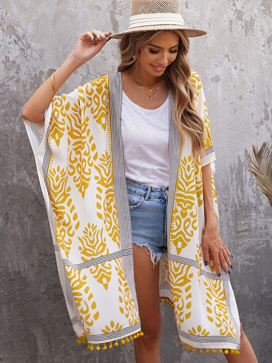 Hawaiian Seaside Vacation Cardigan Short-Sleeved Sun Protection Clothing European and American Printed Beach Cover-Up Mid-Length Bikini Jacket