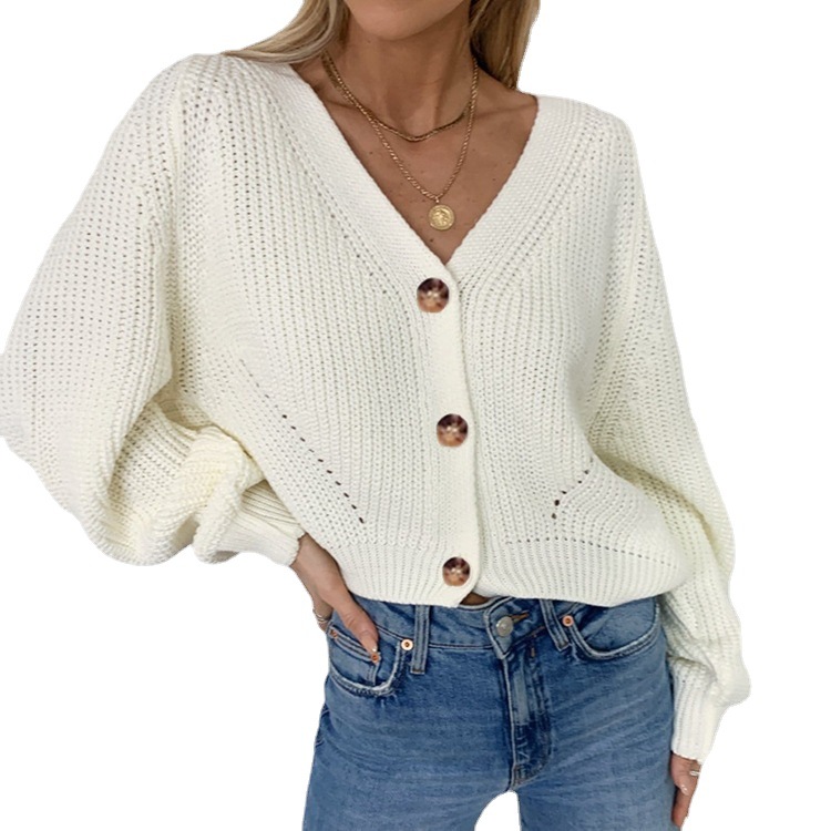 Otoño e invierno transfronterizo europeo y americano de las mujeres nuevo suéter de las mujeres de color sólido profundo V-cuello linterna manga botón suelta cardigan de punto