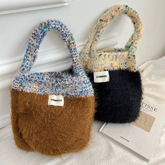 Korean Version Color Block Knit Plush Tote Bag for Women Trendy and Versatile Winter New Arrival Instagram Phone Bag Shoulder Bag